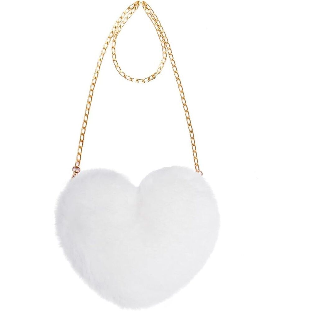 Women White Imported Faux Fur Heart Shaped Cute Valentine Clutch Shoulder Bag